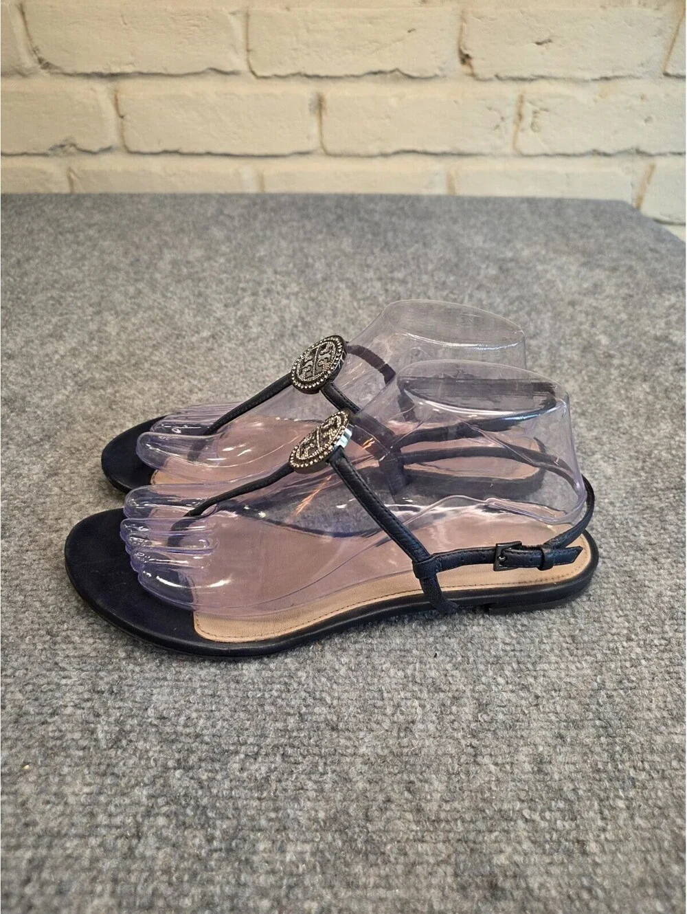 Tory Burch Liana Flat Embellished Thong Sandals Navy Blue Crystal Logo 8.5M